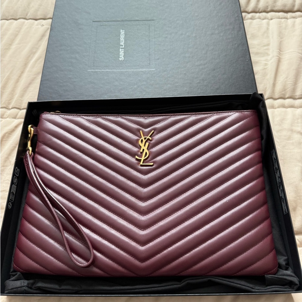 Saint Laurent Plum Quilted Clutch with Gold Logo